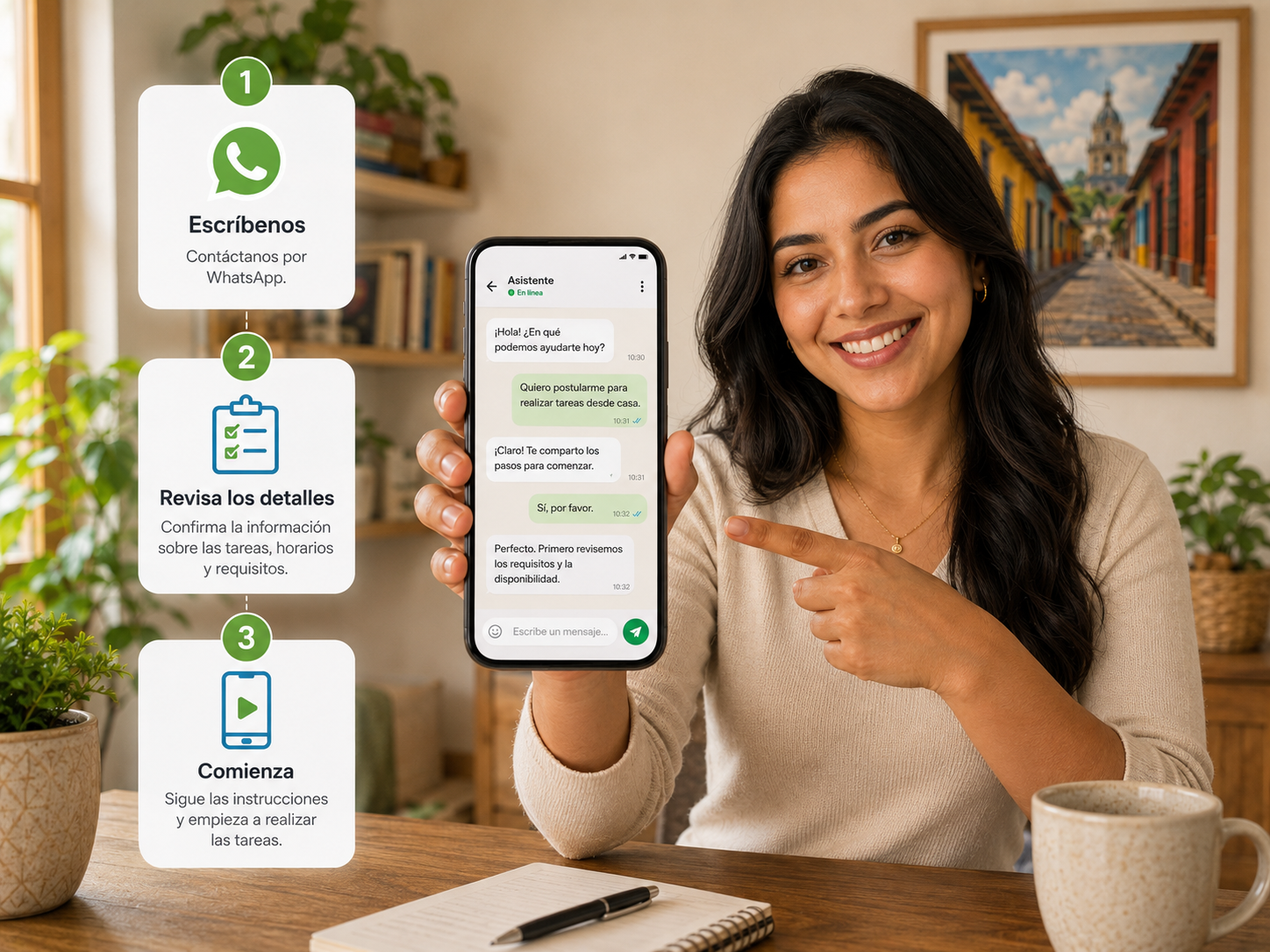 Persona contactando al equipo por WhatsApp para postularse
